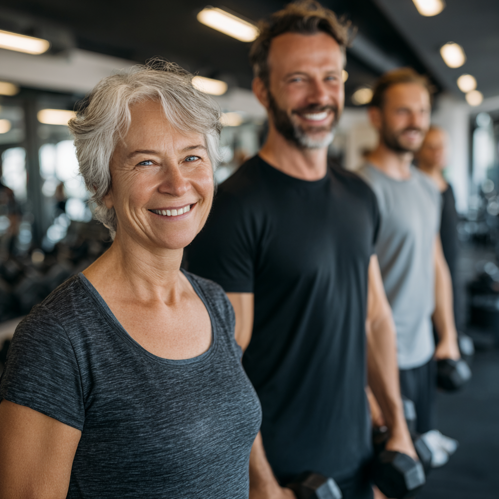 mature adults exercising with professional trainer at modern fitness facility