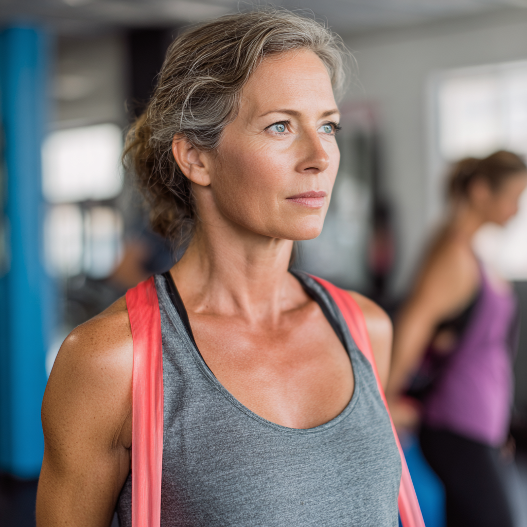 middle-aged woman working out with resistance bands in bright fitness studio