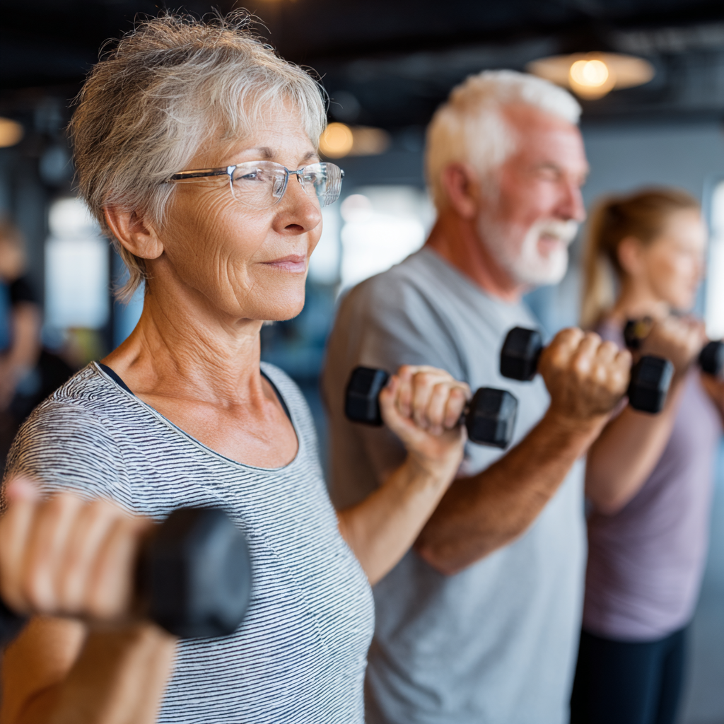 senior adults participating in group fitness class with certified instructor
